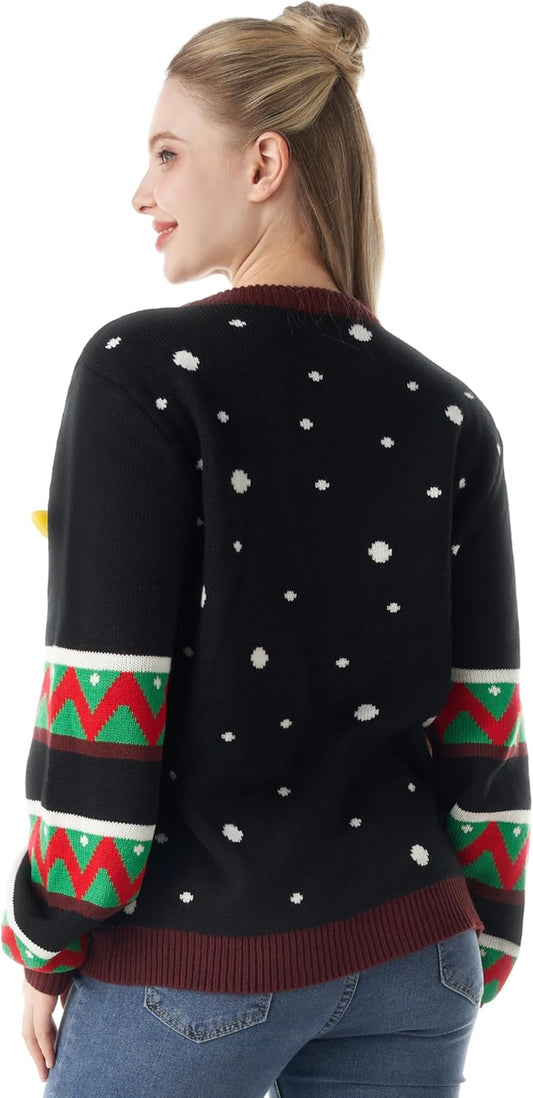 LED Light up Reindeer Ugly Womens Christmas Jumper Built-In Light Bulbs Red Black Blue Xmas Long Sweater Top (S-XL)