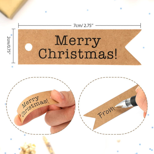 Small Merry Christmas Tags, 100 PCS Brwon Christmas Lables for Pesents, 2 X7 Cm Xmas Gift Tags with String for Gift Wrapping Decoration
