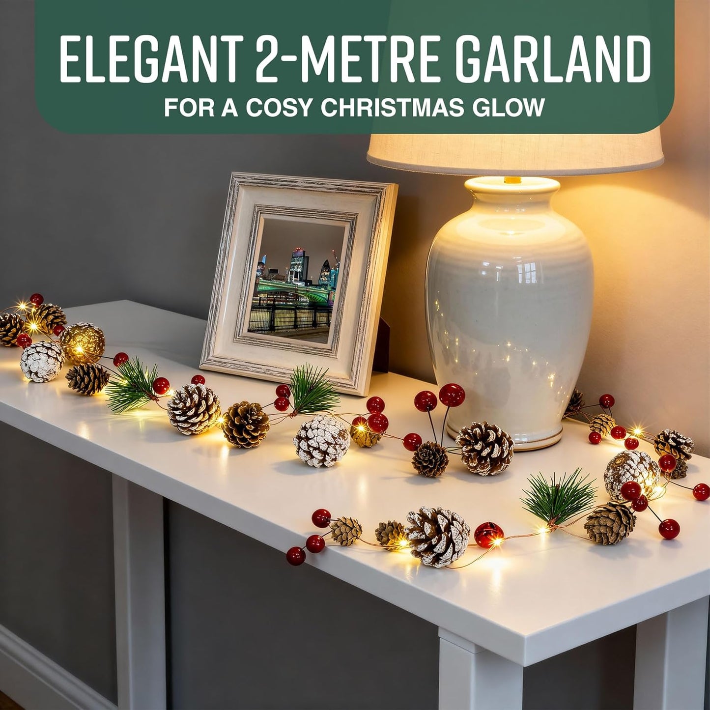 2M Christmas Garland with 20 LED Lights β Pre-Lit Decoration for Fireplace, Stairs, and Indoor Home DΓ©cor β Xmas Garland for Christmas Decorations