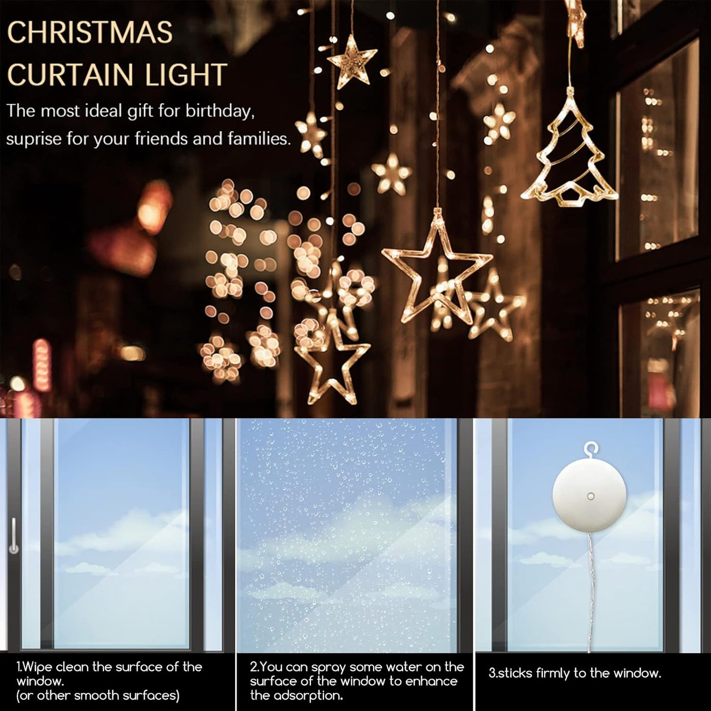 LED Christmas Window Light Stars and Christmas Tree, Twinkle Curtain Light Timer, Hanging Lights for Party Shop Window Xmas Decoration, Outdoor Indoor, Battery Powered(Warm Light)