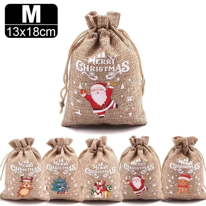 30/1Pcs Christmas Drawstring Bag Santa Claus Snowman Linen Candy Gift Packaging Bags Xmas Favor Bracelet Jewelry Storage Pouch