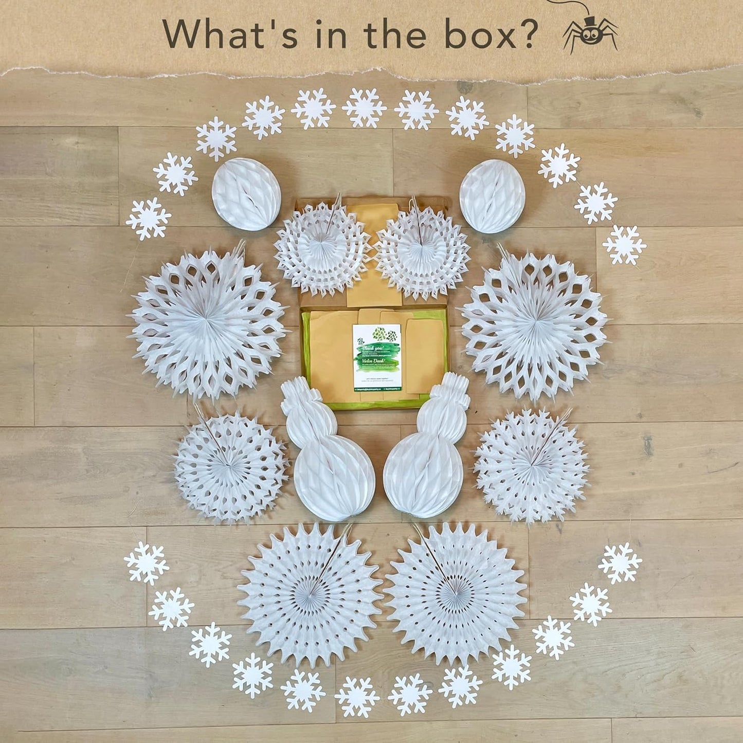 Premium Reusable Paper Christmas Decorations - White Christmas Decorations with Velcro Fasteners - Honeycomb Paper Snowflakes, Snowmen, Snowballs, and Snowflake Garlands - Winter Wonderland Decor