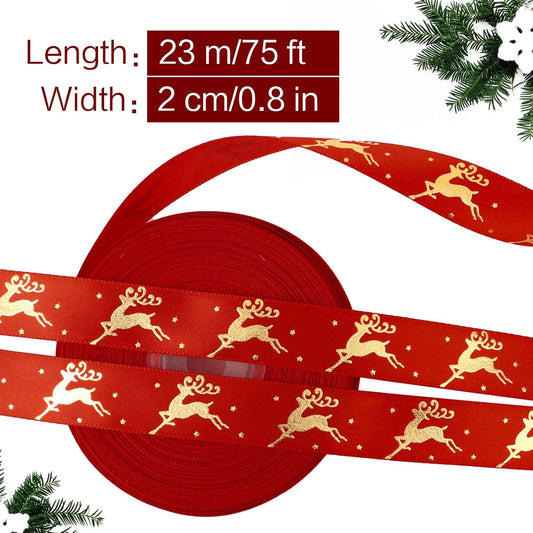 20Mm 25 Yards Red Christmas Ribbons Roll Gold Reindeer Ribbon for Christmas Crafts Gift Wrapping Xmas Present Packaging Decorations