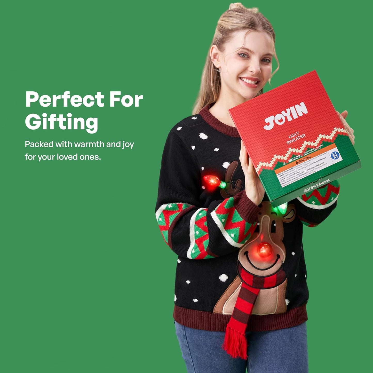 LED Light up Reindeer Ugly Womens Christmas Jumper Built-In Light Bulbs Red Black Blue Xmas Long Sweater Top (S-XL)