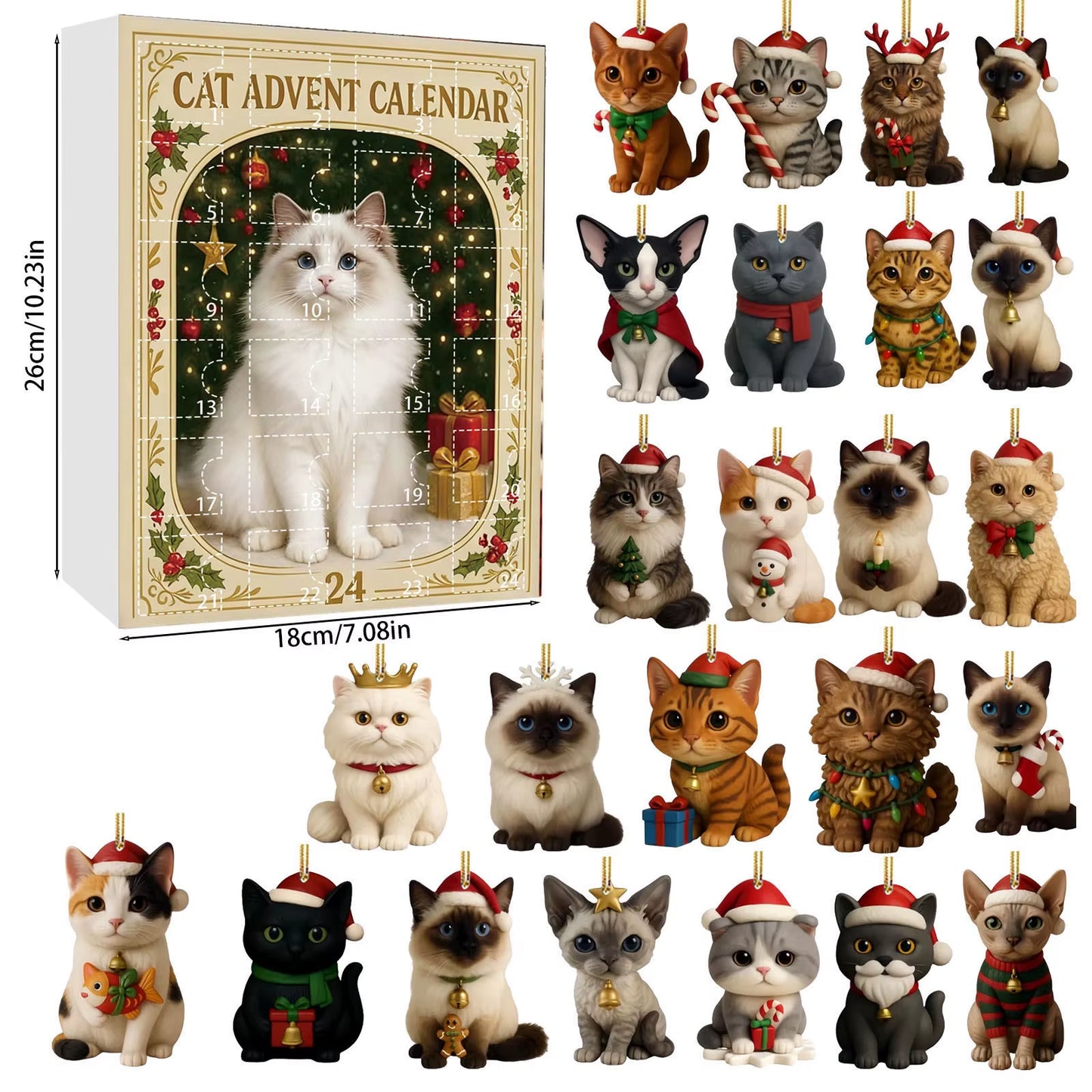 Cat Advent Calendar 2025 24 Days Christmas Countdown with 24 Different Breeds 2D Acrylic Cute Kitten Christmas Tree Ornaments