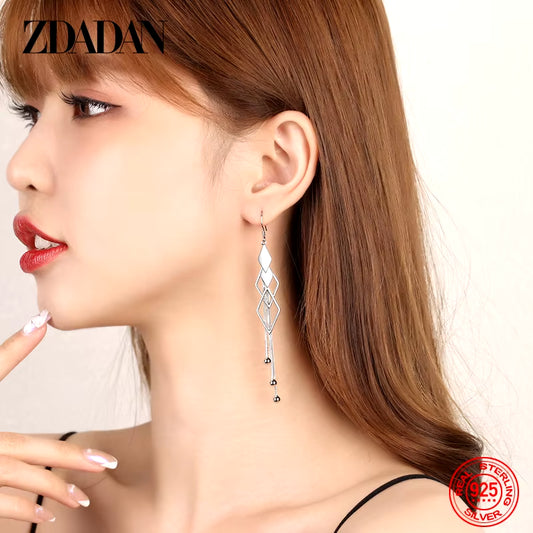 925 Sterling Silver Geometric Long Tassel Drop Earrings for Women Wedding Jewelry