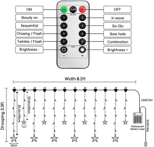 Christmas LED Stars Curtain Lights,12 Stars 138 Window Curtain String Lights with 8 Flashing Modes Decoration for Wedding, Party,Wall, Home Decorations,Usb/Battery Powered (Warm White)