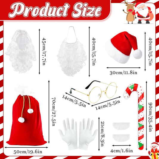 8Pcs Santa Claus Costume Accessories, Christmas Dress up Kit with Santa Hat Beard Wig Gloves Glasses Inflatable Candy Cane and Present Bag for Festive Family Gatherings Xmas Party