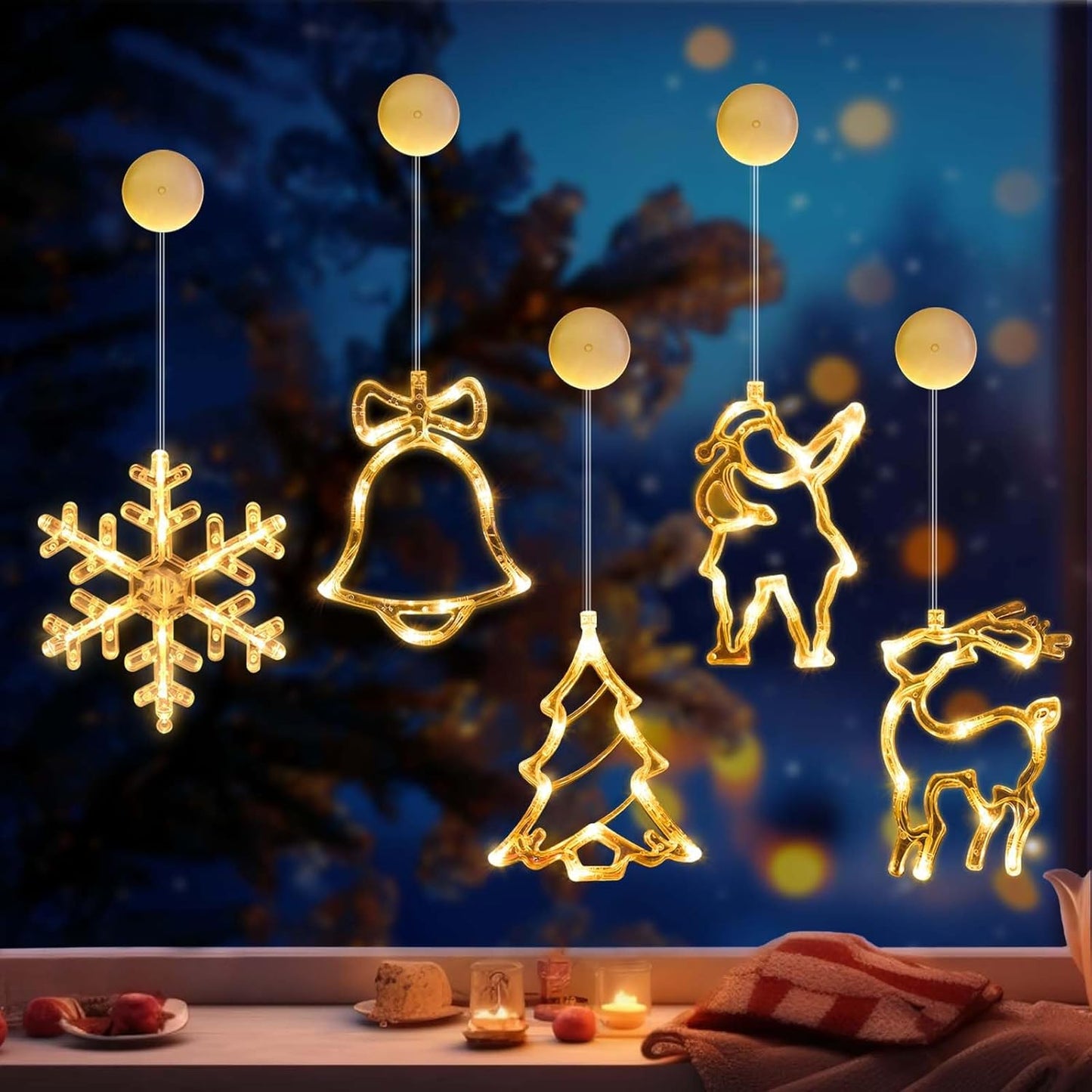 5 Pcs Suction Cup Lights β LED Christmas Window Lights Decorations (Deer, Christmas Tree, Snowflakes, Bells, Santa Claus) Battery Operated, Indoor Window Fairy Lights for Party, Balcony Decor