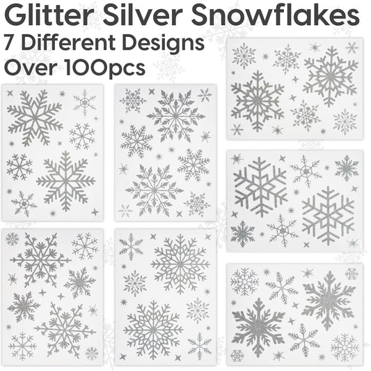 Christmas Snowflake Window Stickers over 300Pcs Silver Glitter Design - Removable and Reusable Christmas Window Clings Decoration - Ideal for Xmas Display and Decor