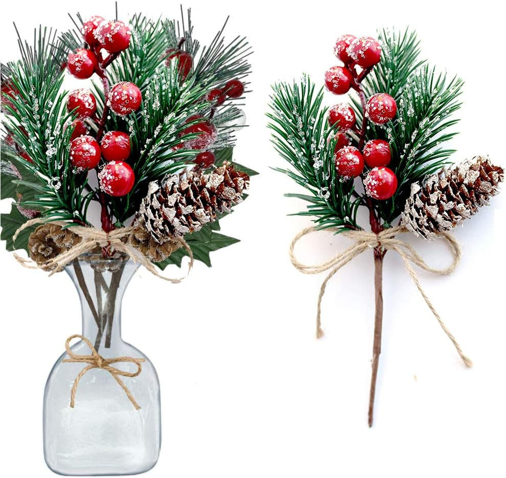 10 Pcs Christmas Picks and Sprays,Artificial Holly Stem and Red Berry,Pine Cones and Pine Branches,Red Berries Christmas Decorations,Greenery Tree Picks for Birthday Wedding Decor