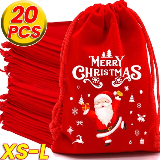 20/1Pcs Red Christmas Velvet Bags Drawstring Santa Gift Pouch Candy Snack Wrapping Bag Christmas Wedding Party Favors Decoration