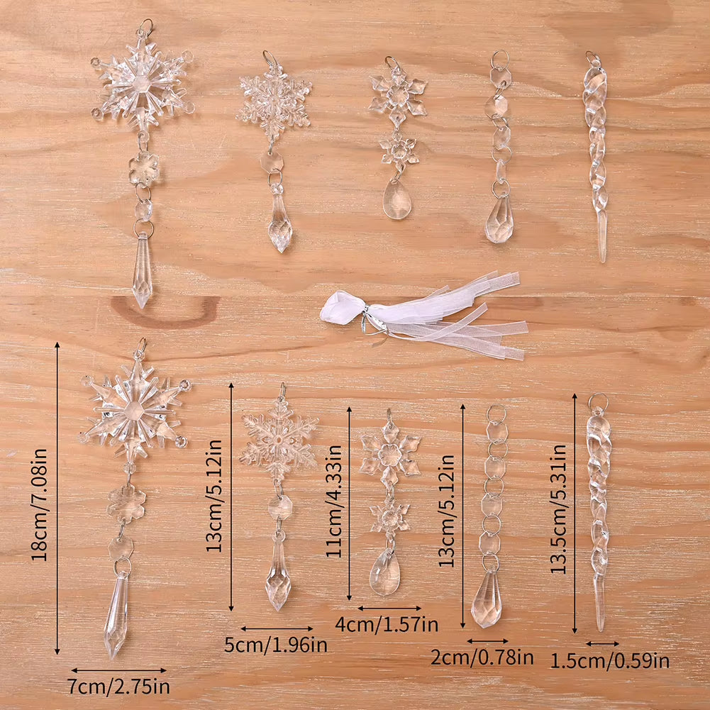10Pcs Crystal Christmas Tree Ornaments Acrylic Snowflake Icicle Drop Crystal Hangings Transparent Decorative Party Supplies