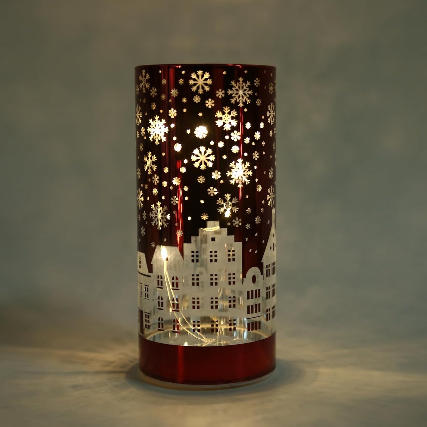 17Cm Christmas Decorated Vase Table Lamp Etched Glass Tube Xmas Red Cylinder LED Fairy Lights Battery Operated Table Decoration