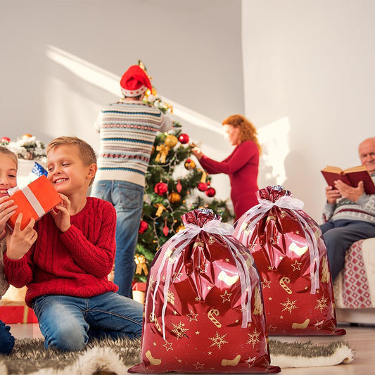 4 Pack Large Christmas Gifts Bags,39 * 51Cm Christmas Wrapping Bags,Red Gold Drawstring Gift Bags Multipack, Reusable Gift Bags for Presents Xmas Party