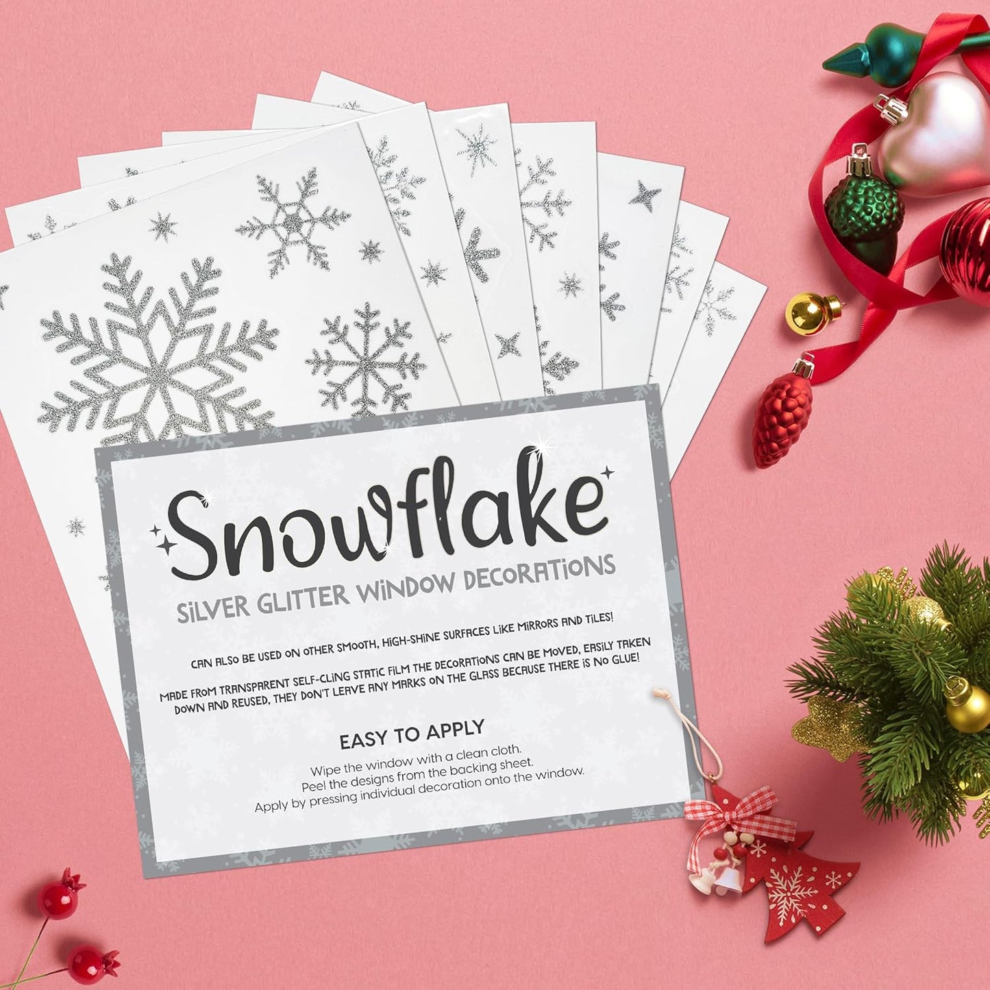 Christmas Snowflake Window Stickers over 300Pcs Silver Glitter Design - Removable and Reusable Christmas Window Clings Decoration - Ideal for Xmas Display and Decor