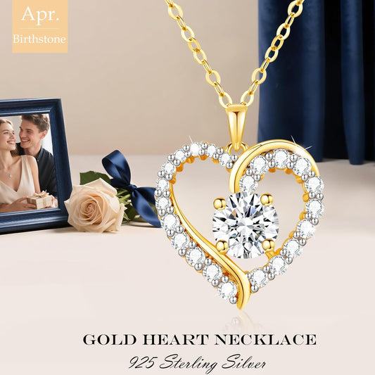 Necklaces for Women Gold Heart Necklace 925 Sterling Silver Birthstone Necklace, 14K Gold Jewellery Gifts for Women Her Girlfriend Wife Christmas Anniversary Birthday Mothers Day