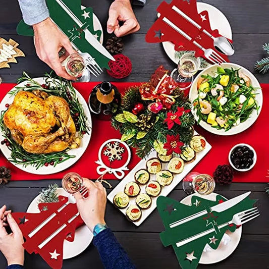 Non-Woven Fabric Cookware Pocket Cutlery Bag Organizer Table Decor Christmas Knife and Fork Holder Elk Xmas Tree