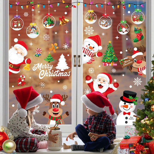 Christmas Window Stickers, 10 Sheets Santa Claus Xmas Window Clings Christmas Decorations, Reusable Snowflake Window Stickers for Christmas Window Decorations Indoor