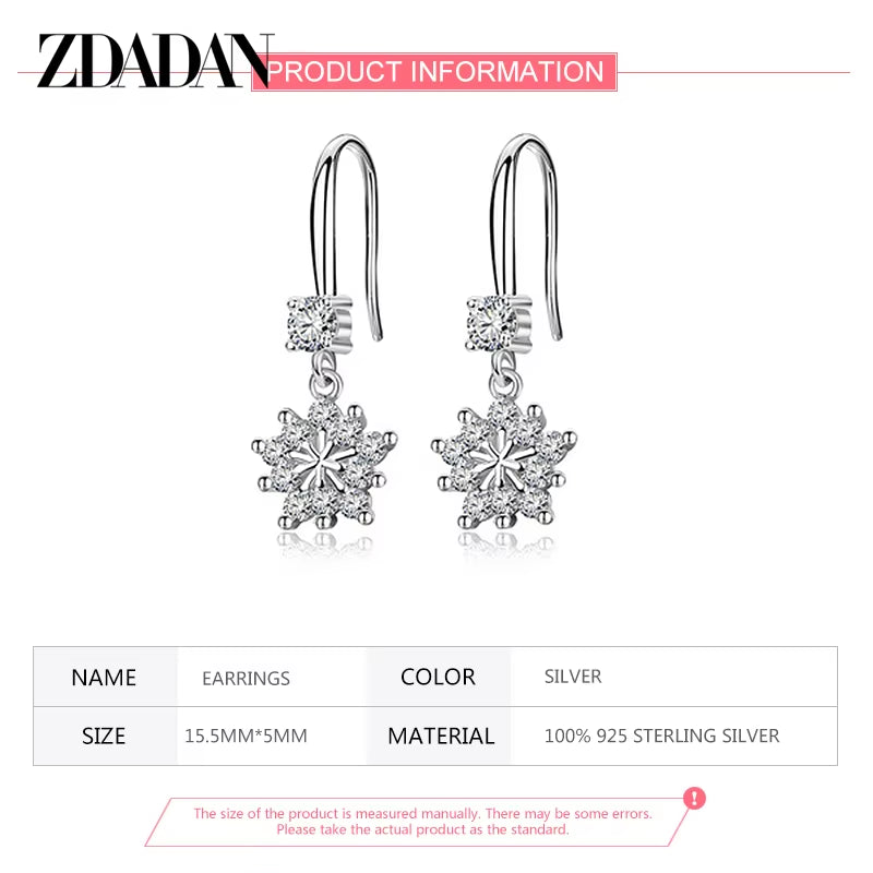 925 Sterling Silver Zircon Snowflake Drop Earrings for Women Fashion Jewelry Gift