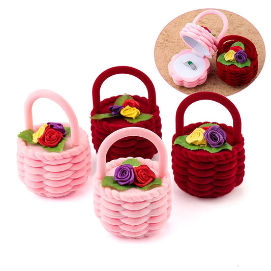 1 Piece Cute Flower Basket Velvet Wedding Engagement Ring Box Gift Box Holder for Earrings Necklace Display Jewelry Case