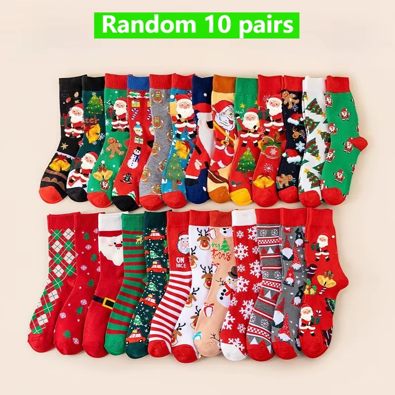 5/10Pairs Women'S Christmas Socks - Festive Santa, Reindeer, Snowman, Candy Canes - Warm Mid-Calf Holiday Stockings - Red, Green