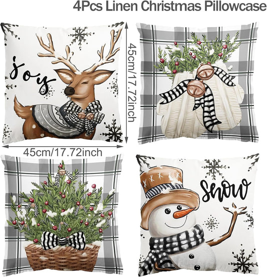 Christmas Cushion Covers - Christmas Decorations Pillow Cases 45 X 45Cm Set of 4 Grey and White Throw Pillow Cover, Snowflake Stag Cushions Xmas Cushion Covers for Home Sofa Living Room Decorations