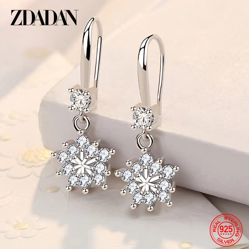 925 Sterling Silver Zircon Snowflake Drop Earrings for Women Fashion Jewelry Gift