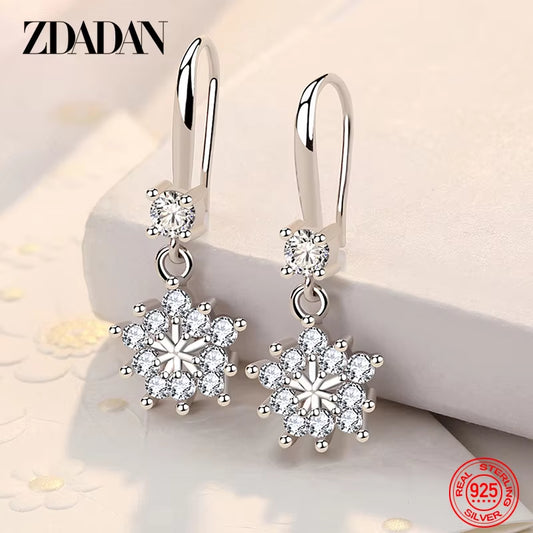 925 Sterling Silver Zircon Snowflake Drop Earrings for Women Fashion Jewelry Gift