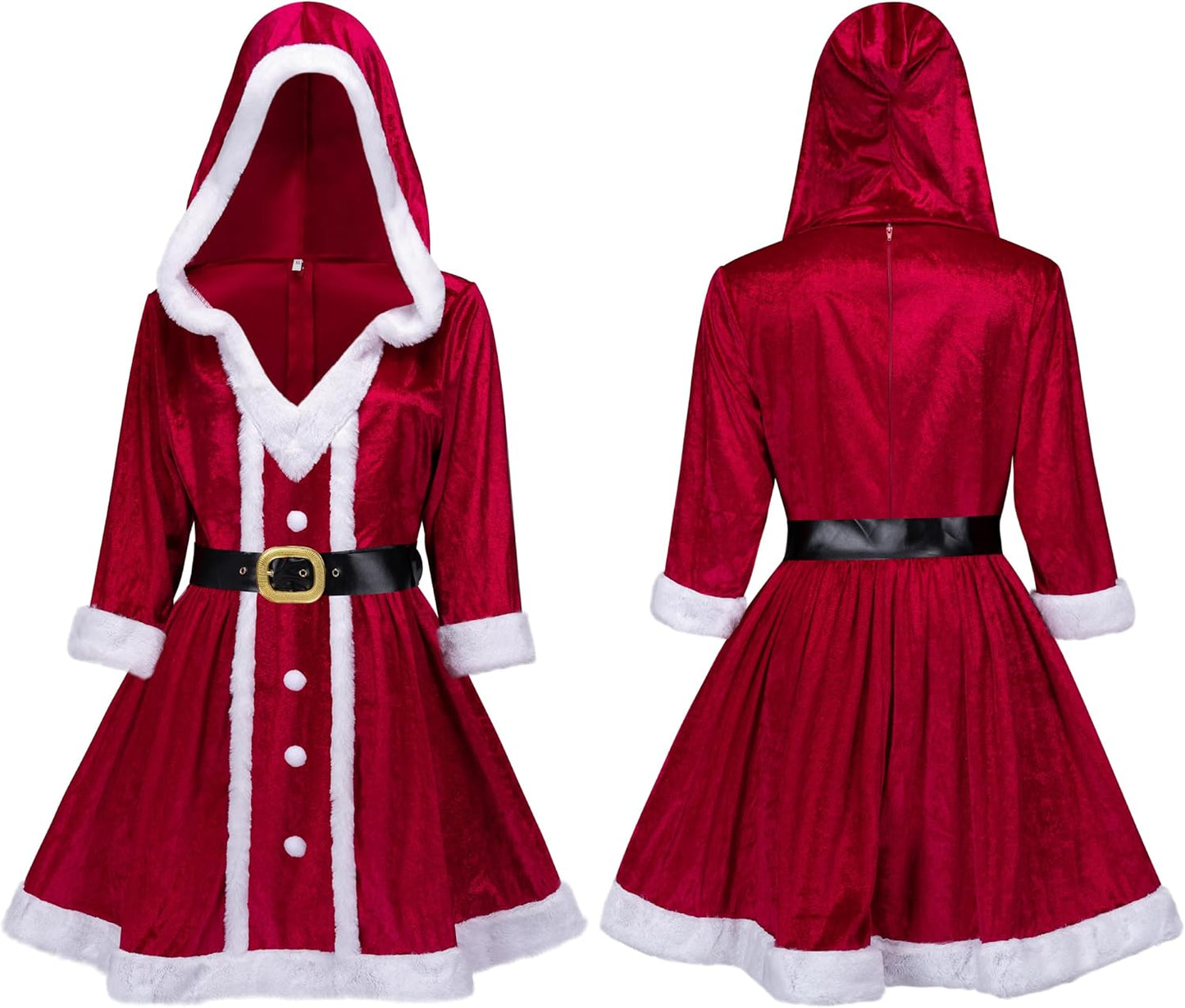 Mrs Claus Santa Christmas Costume for Women, Christmas Santa Adult Dress Set with Hooded Dress, Belt