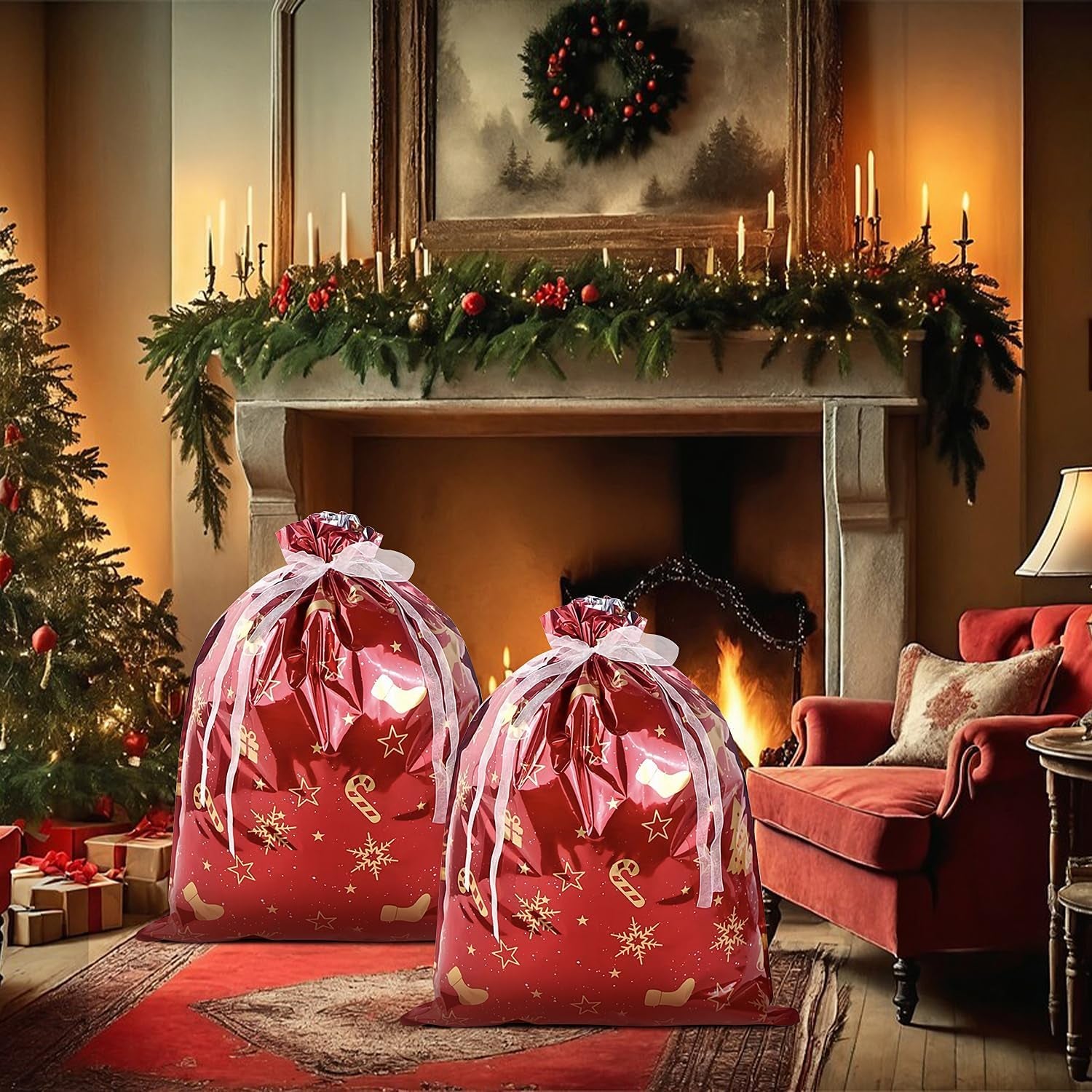 4 Pack Large Christmas Gifts Bags,39 * 51Cm Christmas Wrapping Bags,Red Gold Drawstring Gift Bags Multipack, Reusable Gift Bags for Presents Xmas Party