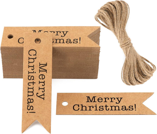 Small Merry Christmas Tags, 100 PCS Brwon Christmas Lables for Pesents, 2 X7 Cm Xmas Gift Tags with String for Gift Wrapping Decoration