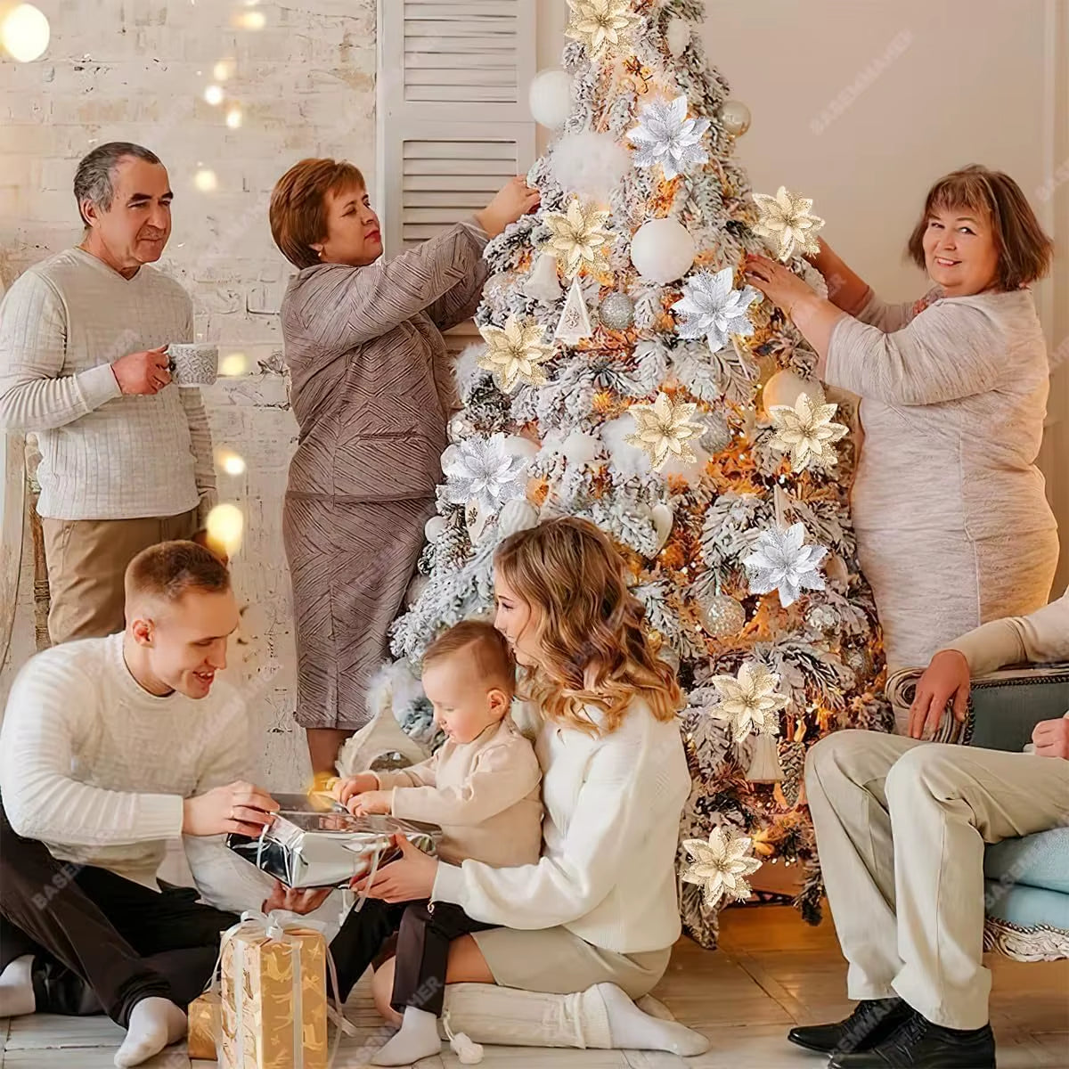 100-1Pcs 14.5Cm Artificial Christmas Flowers Christmas Tree Decorations Happy New Year Decorations Christmas Fake Flowers