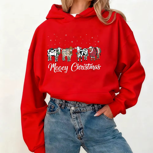 Christmas Cow Sweatshirt Cow Lover Gift Funny Holiday Sweater Farm Christmas Hoodies Tops Womens Winter Long Sleeve Anime Hoodie