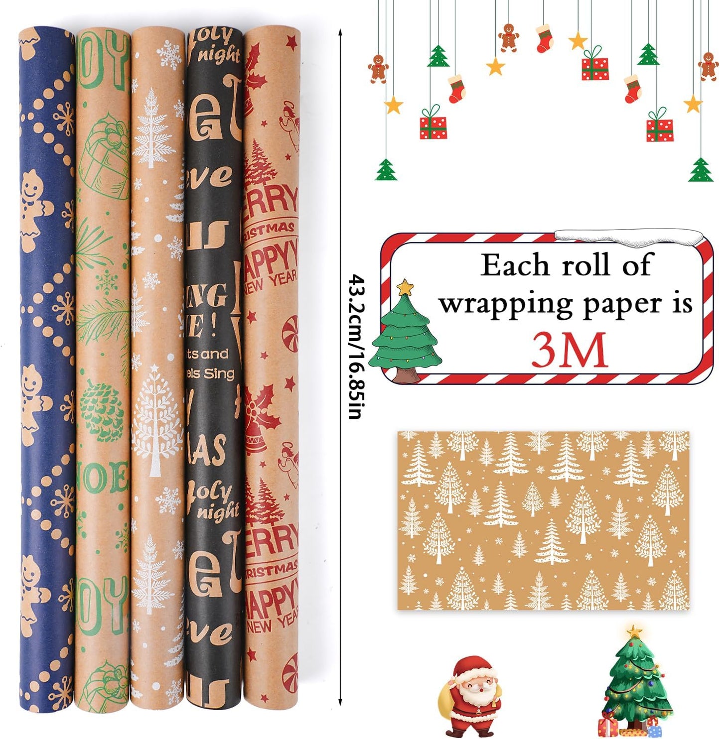 Christmas Wrapping Paper - Kraft Paper - 5 X 3M Xmas Wrapping Paper Rolls for Gifts Boxes Festival Winter Decorations - 43.2 Wide