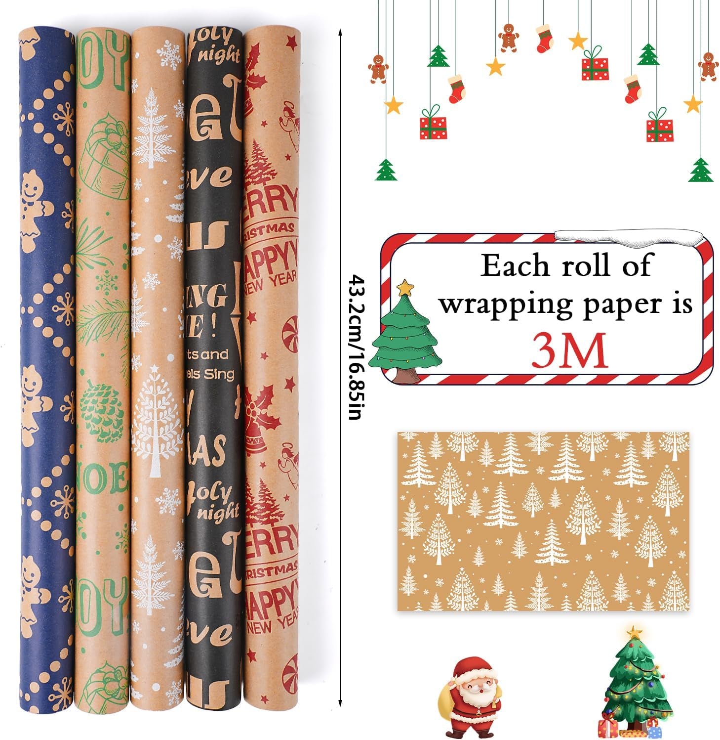 Christmas Wrapping Paper - Kraft Paper - 5 X 3M Xmas Wrapping Paper Rolls for Gifts Boxes Festival Winter Decorations - 43.2 Wide