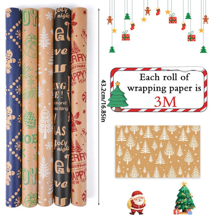 Christmas Wrapping Paper - Kraft Paper - 5 X 3M Xmas Wrapping Paper Rolls for Gifts Boxes Festival Winter Decorations - 43.2 Wide