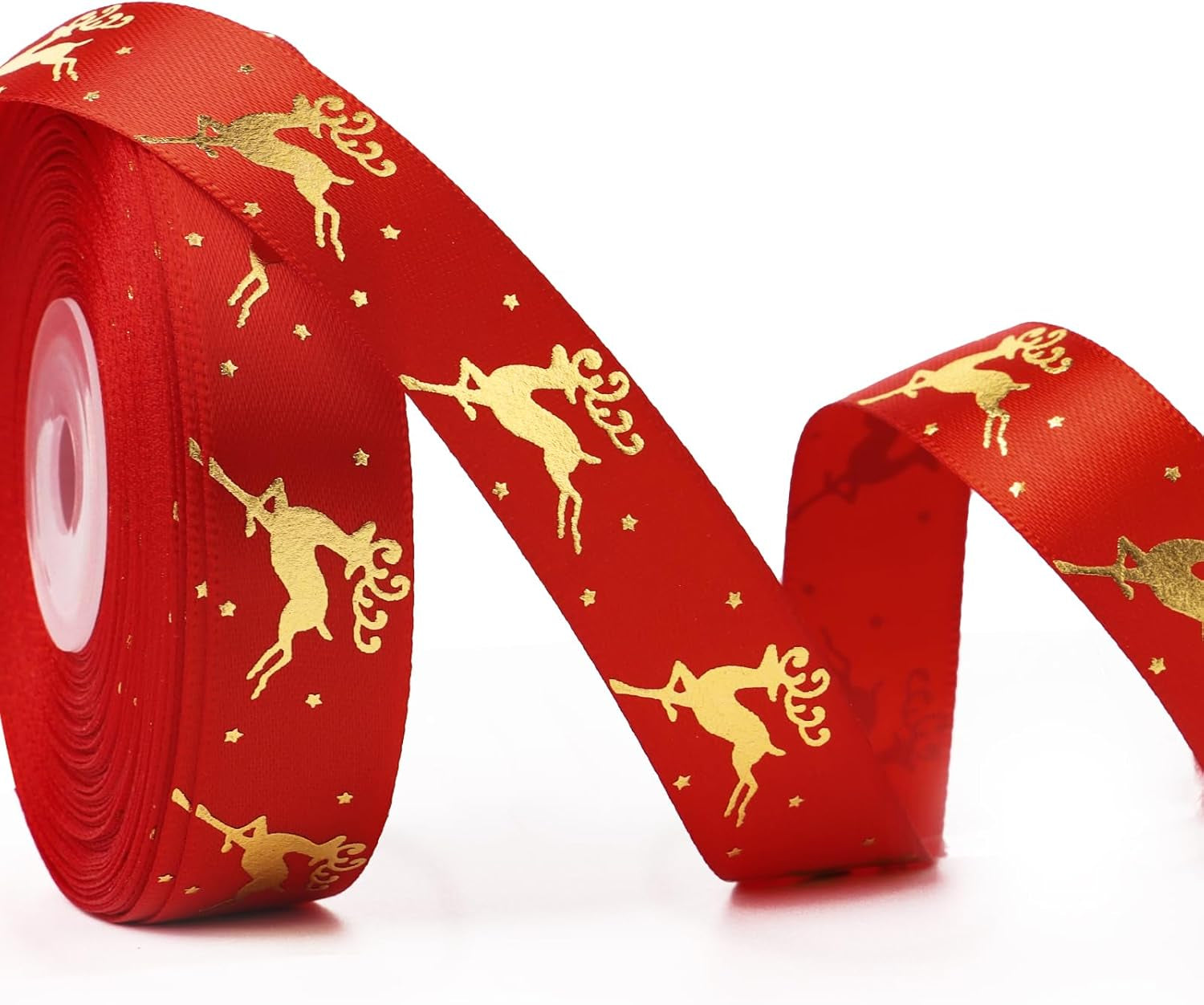 20Mm 25 Yards Red Christmas Ribbons Roll Gold Reindeer Ribbon for Christmas Crafts Gift Wrapping Xmas Present Packaging Decorations