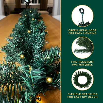 Christmas Garland with Lights 2.7M / 9FT – Pre-Lit Christmas Decoration with 70 Warm White Leds – Extra Thick Artificial Green Garland for Fireplace, Stairs, Doors & Table Décor (With Lights, 2.7M)