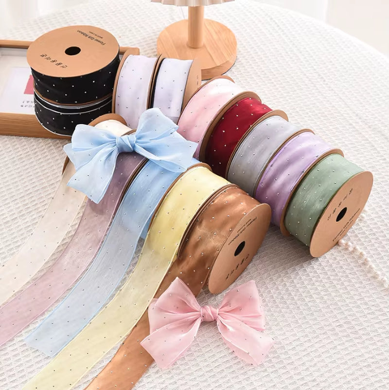 20Yards 4CM Silver Dots Organza Gauze Packaging Ribbon Tape Flower Gift Box Wrap Bow DIY Wedding Christmas Party Decoration