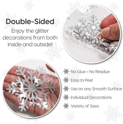 Christmas Snowflake Window Stickers over 300Pcs Silver Glitter Design - Removable and Reusable Christmas Window Clings Decoration - Ideal for Xmas Display and Decor