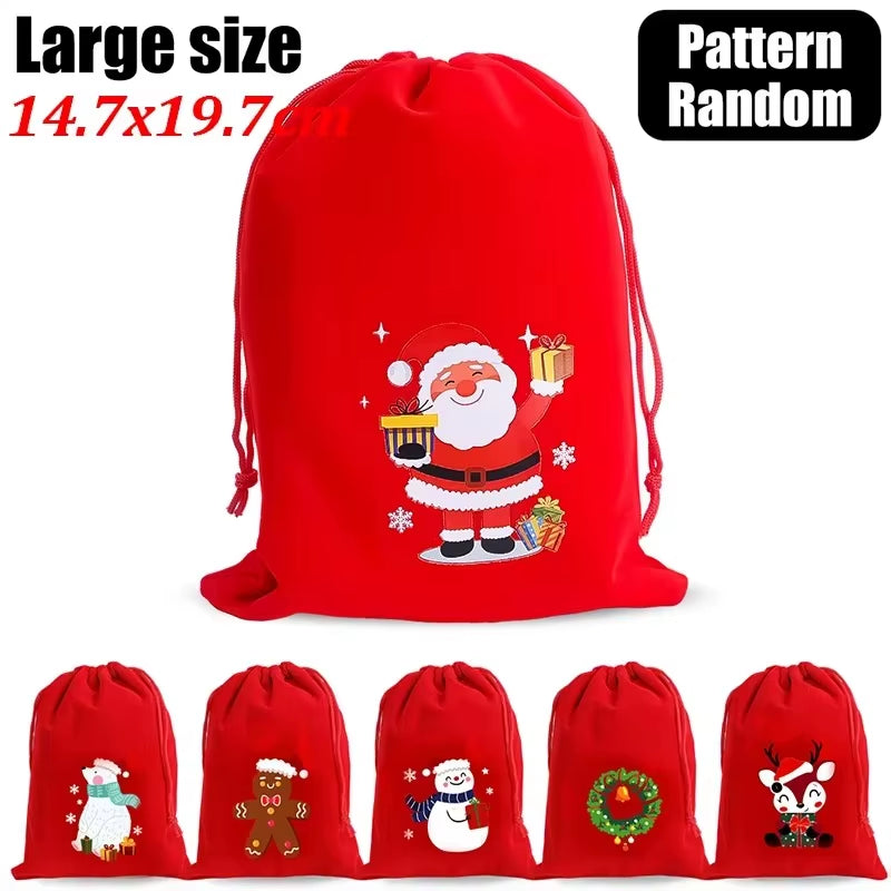 20/1Pcs Red Christmas Velvet Bags Drawstring Santa Gift Pouch Candy Snack Wrapping Bag Christmas Wedding Party Favors Decoration