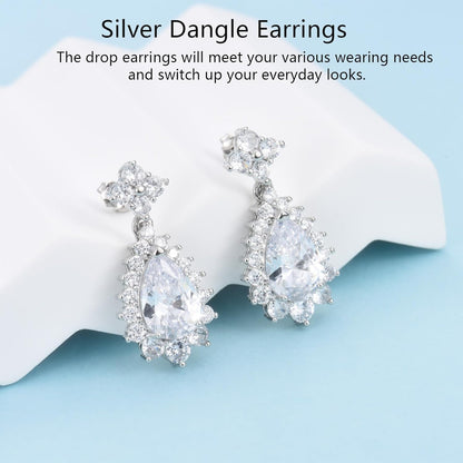 Silver Earrings for Women, Sterling Silver Drop Earrings, Teardrop Dangle Earrings, Jewellery Gift for Wife Bridesmaid Birthday Wedding Christmas