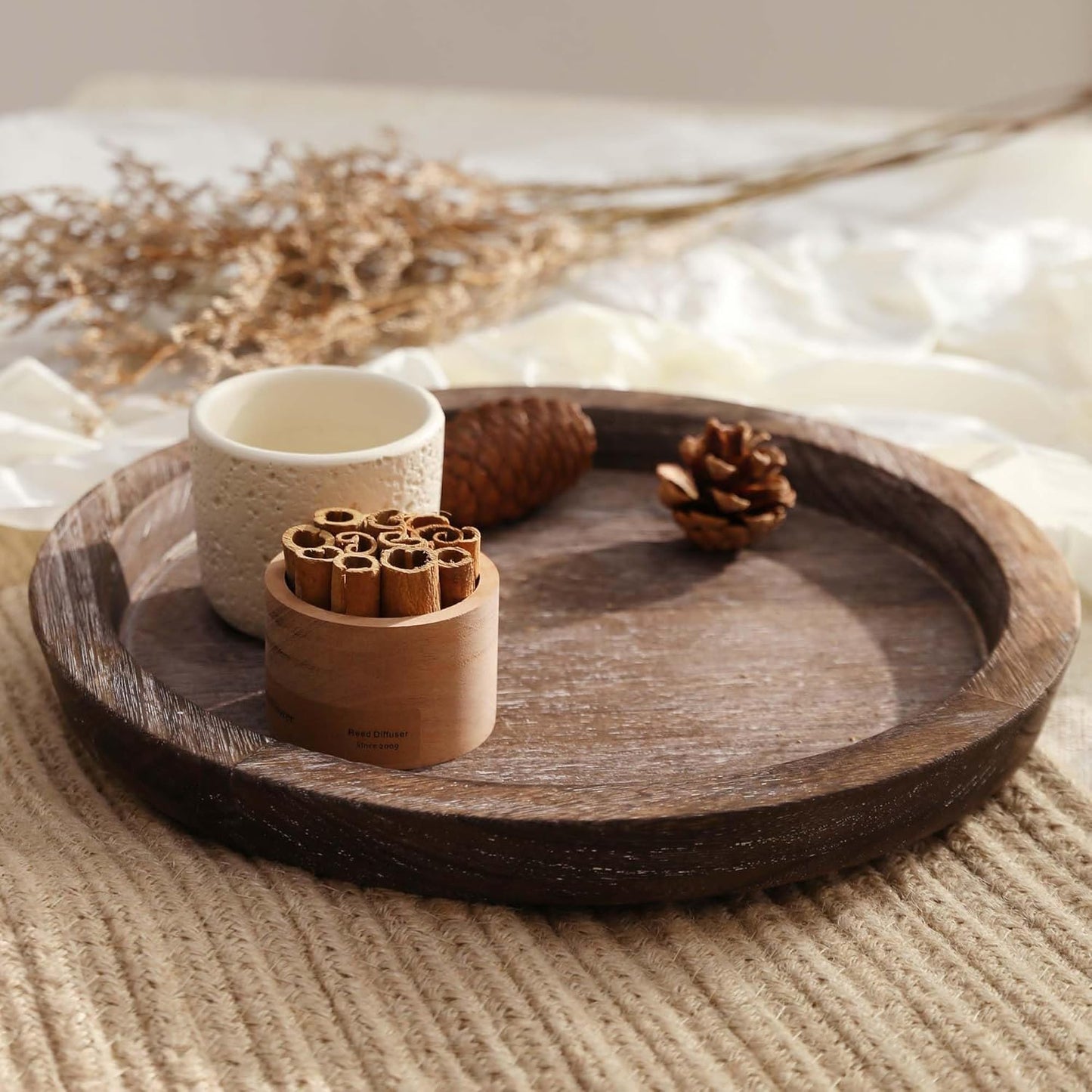 Wooden Candle Holder Tray: round Decorative Candle Plate Farmhouse Table Centerpiece Rustic Wood Tealight Pillar Trays for Christmas Wedding Halloween Home Decor