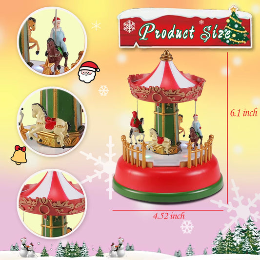 LED Christmas Carousel Decoration Music Box with Lights Holiday Village Scene Ornament Tabletop Home Party Xmas Gift