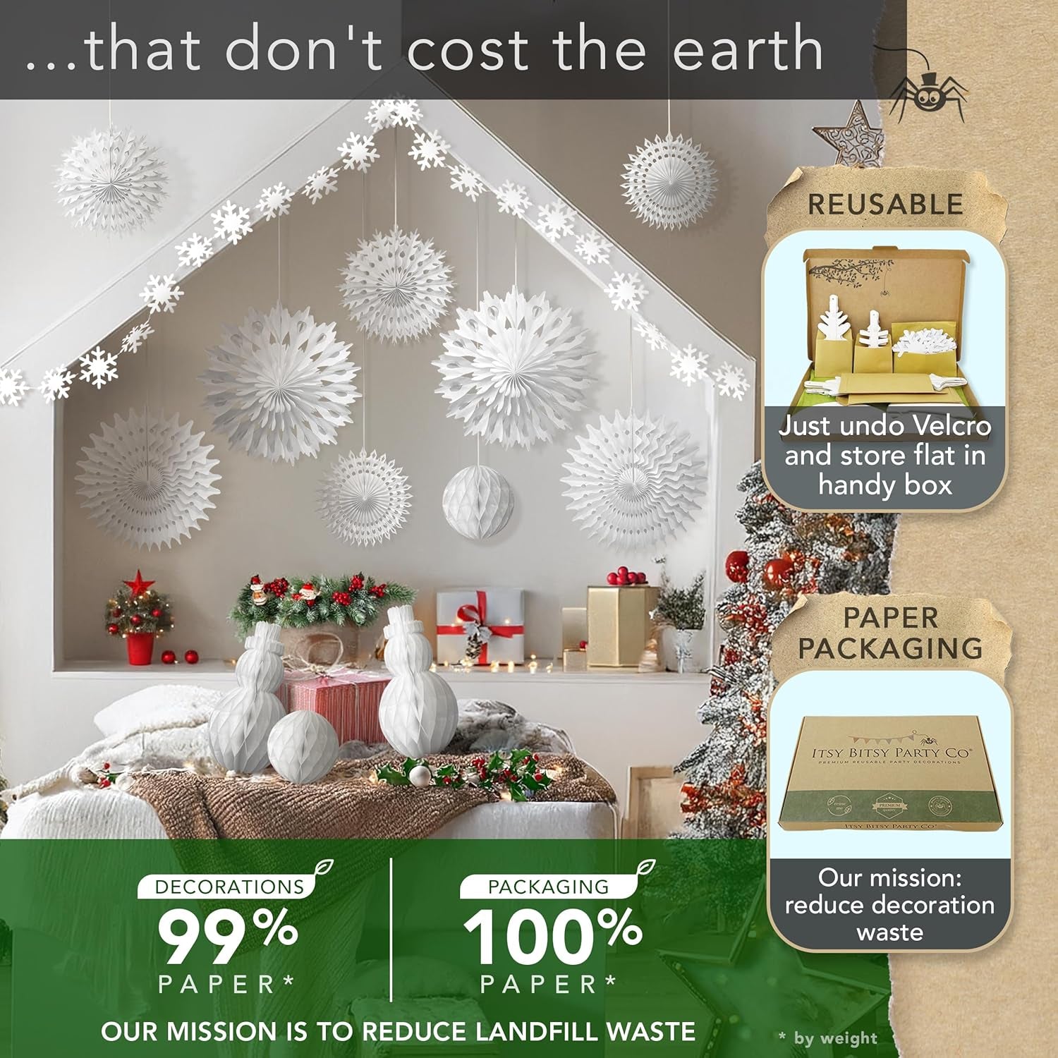 Premium Reusable Paper Christmas Decorations - White Christmas Decorations with Velcro Fasteners - Honeycomb Paper Snowflakes, Snowmen, Snowballs, and Snowflake Garlands - Winter Wonderland Decor