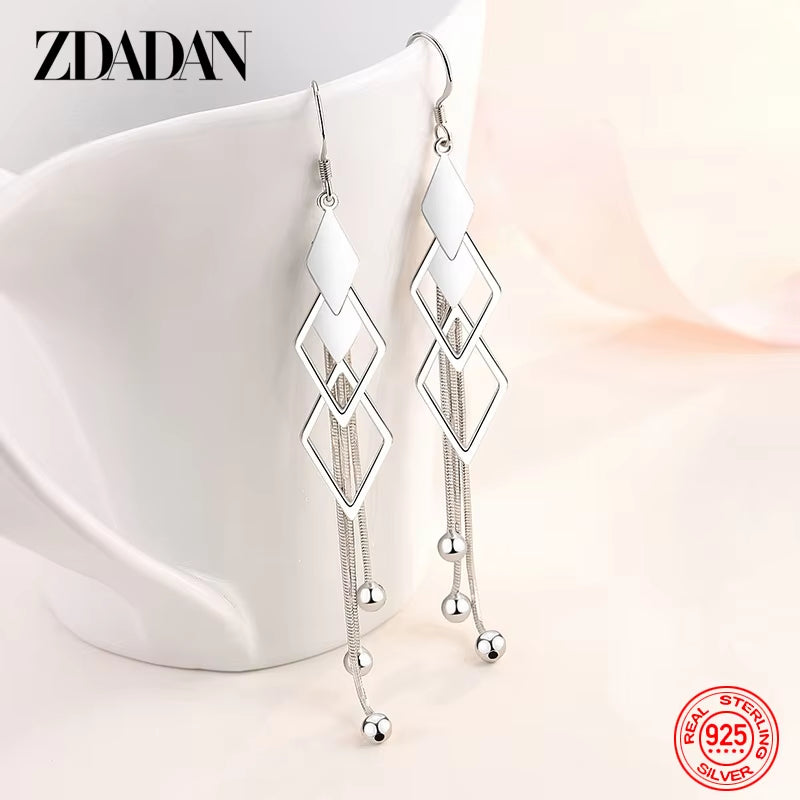 925 Sterling Silver Geometric Long Tassel Drop Earrings for Women Wedding Jewelry