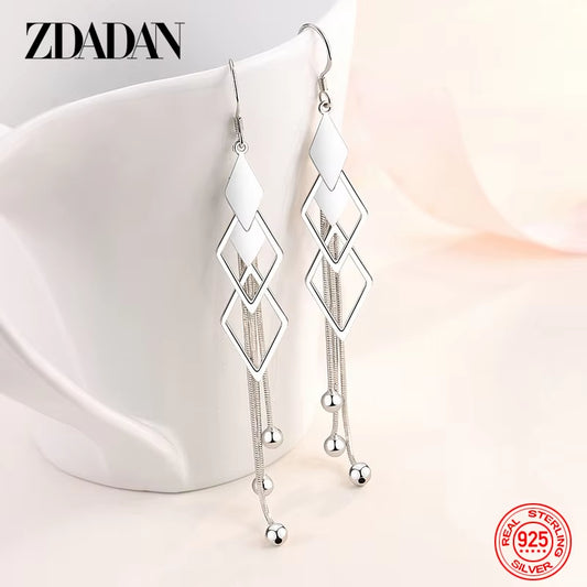 925 Sterling Silver Geometric Long Tassel Drop Earrings for Women Wedding Jewelry