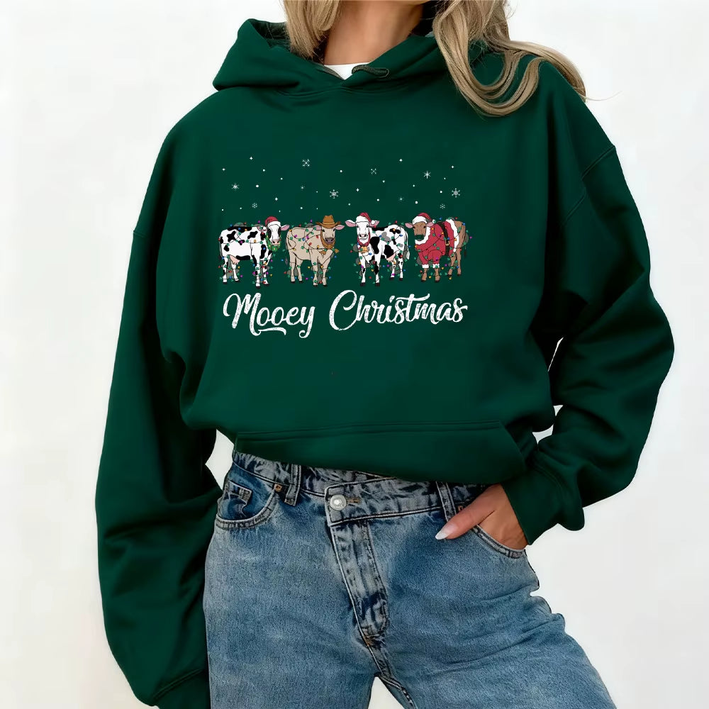 Christmas Cow Sweatshirt Cow Lover Gift Funny Holiday Sweater Farm Christmas Hoodies Tops Womens Winter Long Sleeve Anime Hoodie