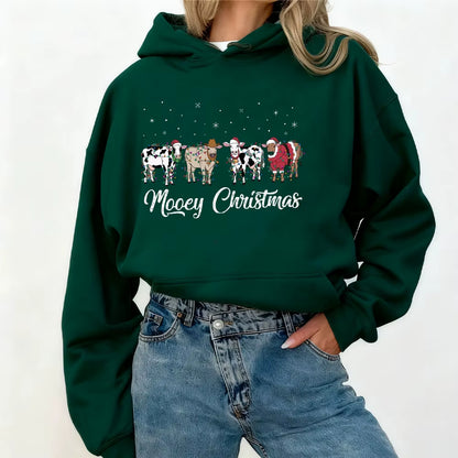 Christmas Cow Sweatshirt Cow Lover Gift Funny Holiday Sweater Farm Christmas Hoodies Tops Womens Winter Long Sleeve Anime Hoodie